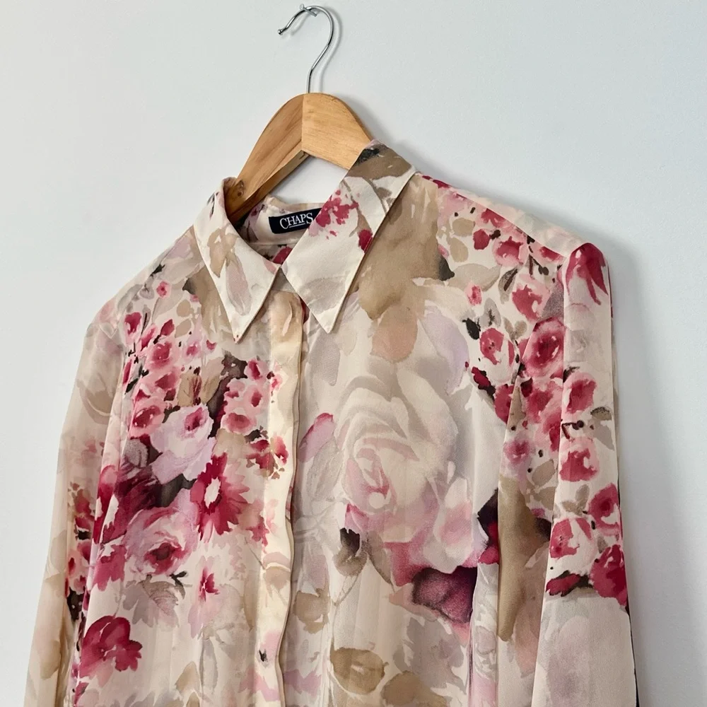 Chaps Pink & Cream Floral Button Up Blouse with Pleated Back - Picture 2 of 6